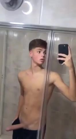 cute twink with long cock jerks in bathroom